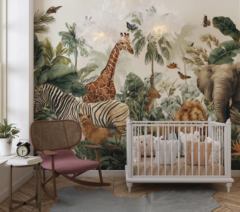 Safari-tapet för barnrum: Djungeldjur, väggmålning, skalbar och självhäftande bild 5