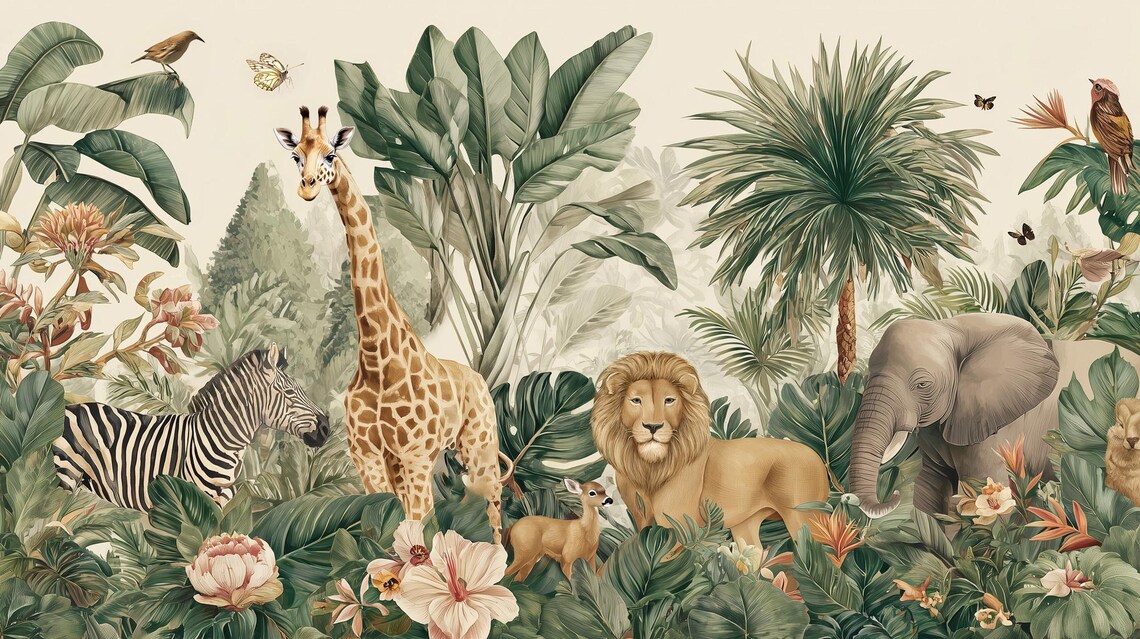 Jungle Safari Wall Mural: Tropical Animals Peel and Stick Wallpaper - Etsy