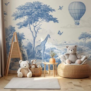 Blue & Ivory Safari Toile Peel and Stick Wallpaper Mural - Custom Size