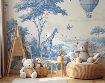 Mural de papel pintado autoadhesivo con estampado toile de safari en azul y marfil - Tamaño personalizado