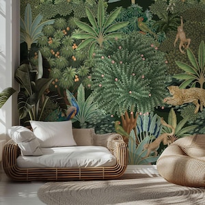 Tropical Animals Peel and Stick Wallpaper Mural, Forest Wallpaper