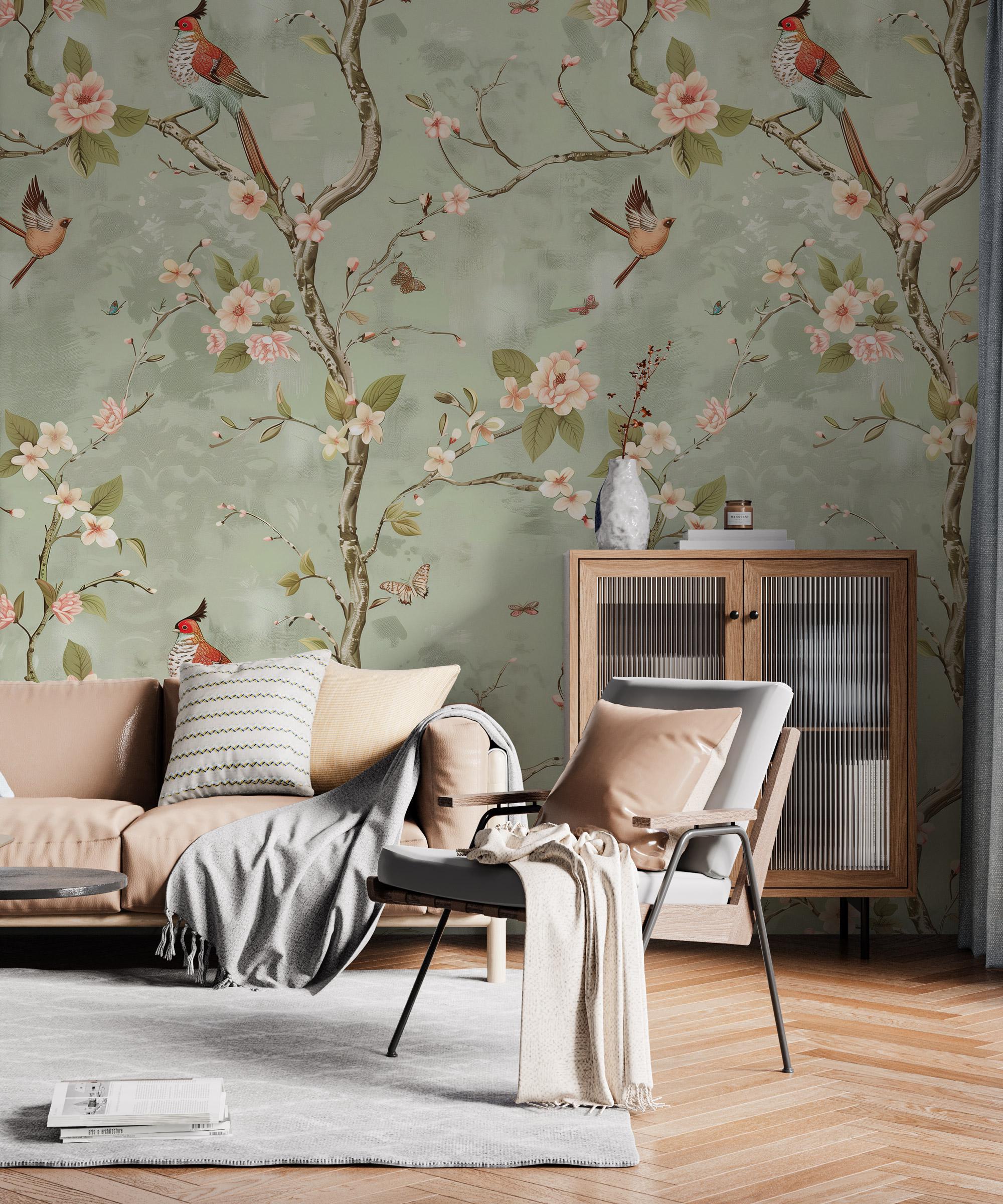 Vintage Chinoiserie Bird Floral Wallpaper: Sage Green Blossom Peel and ...