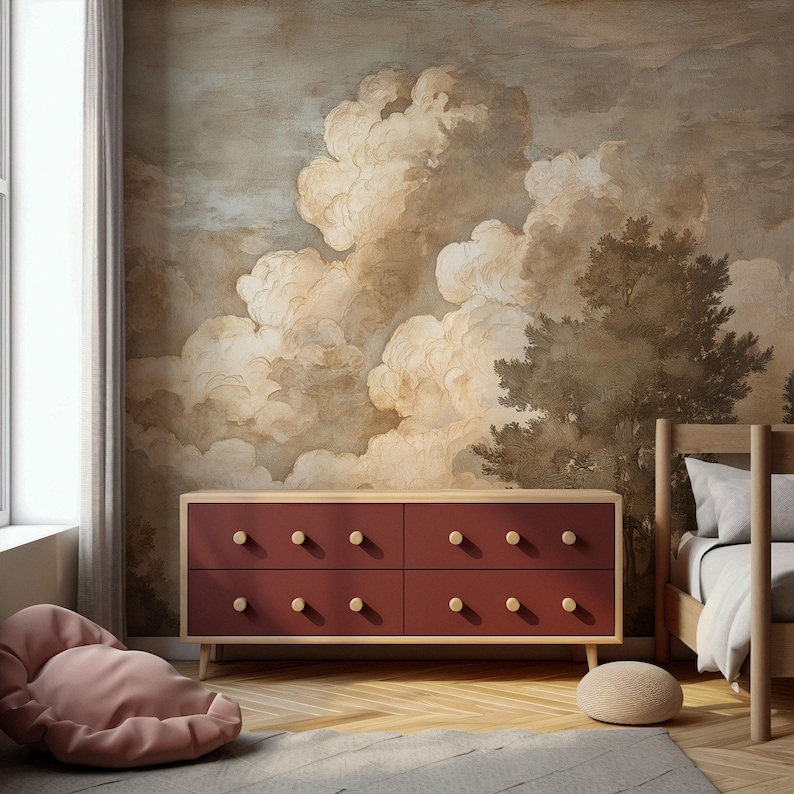 Cloudy Sky Wall Mural: Vintage Fresco Style Peel and Stick Wallpaper - Etsy