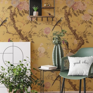 Chinoiserie Floral Peel and Stick Wallpaper: Birds & Blossoms Wall Mural