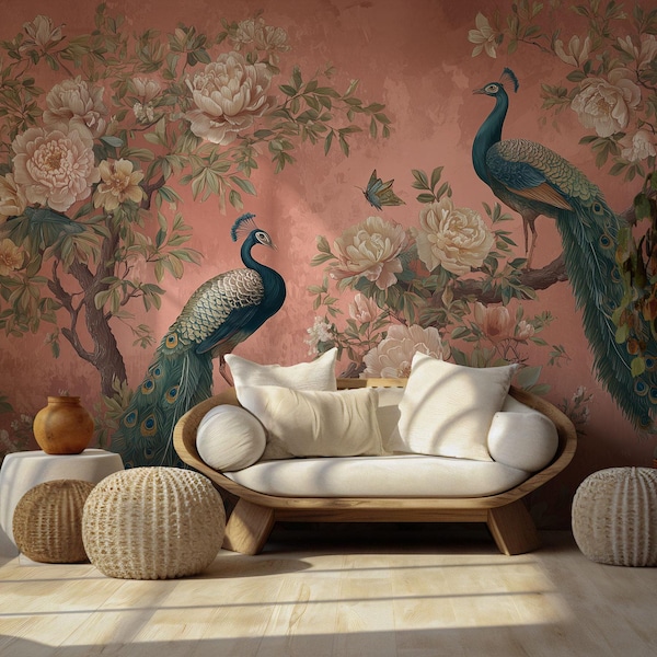 Påfågeltapet, självhäftande, Chinoiserie blommig väggmålning