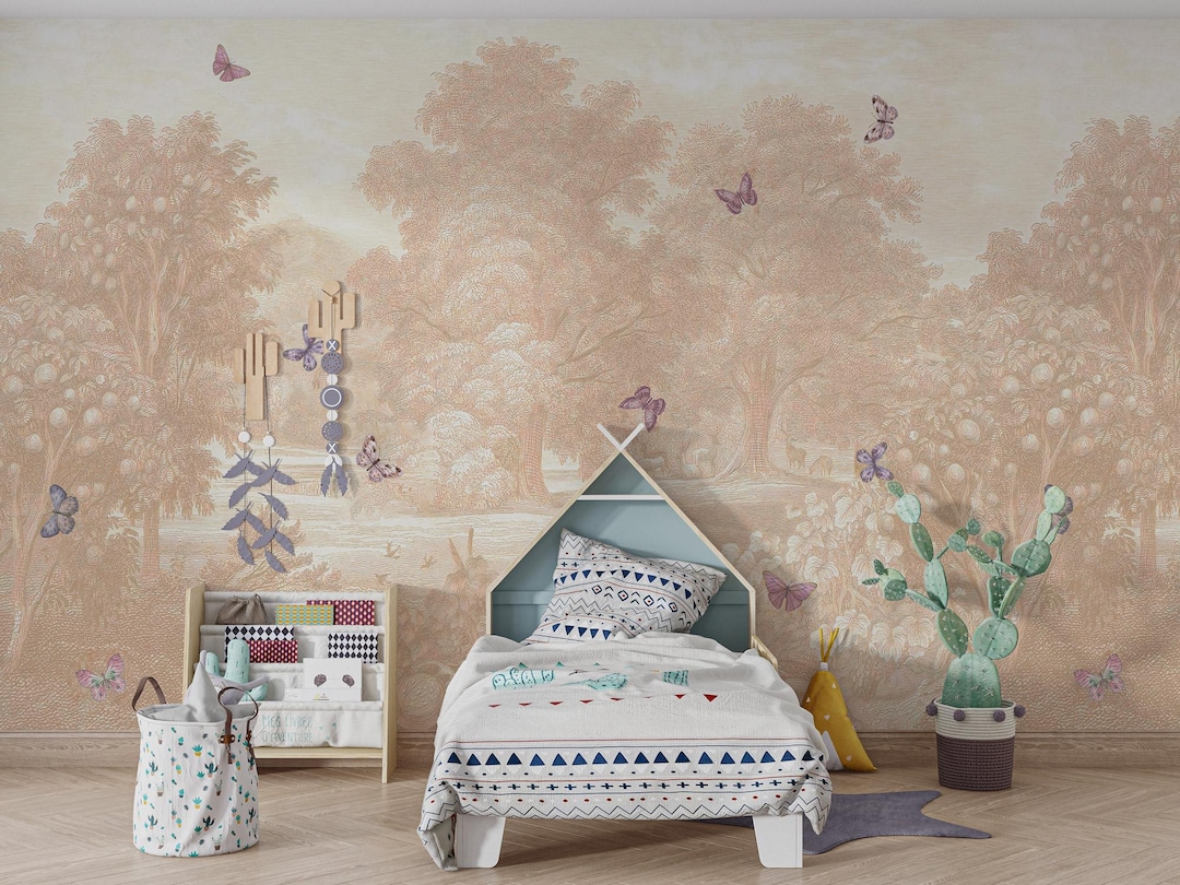 Pastoral Butterfly Wallpaper Mural: Beige Scenic Nursery, Peel and ...