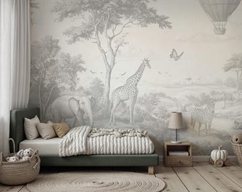 Gray & Ivory Safari Toile Peel and Stick Wallpaper Mural - Custom Size