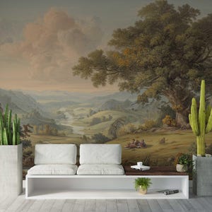 Vintage Pastoral Landscape Peel and Stick Wallpaper, Countryside Scene Custom Size Wall Mural