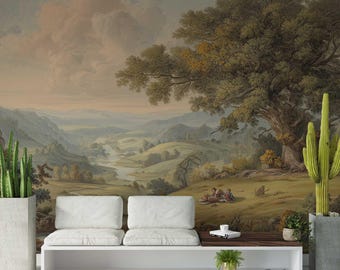 Vintage Pastoral Landscape Peel and Stick Wallpaper, Countryside Scene Custom Size Wall Mural