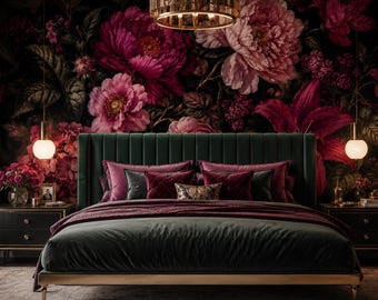 Dark Floral Wallpaper - Burgundy Peony Botanical Wall Mural - Moody Maximalist Home Decor - Custom Size