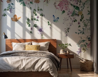 Watercolor Floral Peel and Stick Wallpaper: Soft Colors, Little Animals