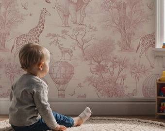 Papel tapiz de safari rosa para habitación infantil: Mural autoadhesivo de animales de la jungla
