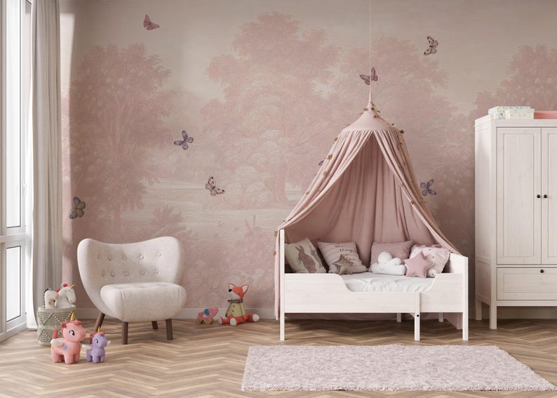 Pastel Butterfly Nursery Mural: Soft Pink Scenic Wallpaper - Etsy