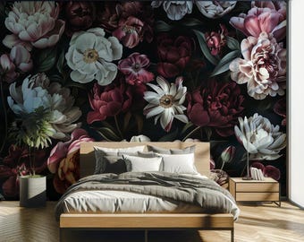 Dark Floral Wall Mural, Vintage Botanical Peel and Stick Wallpaper