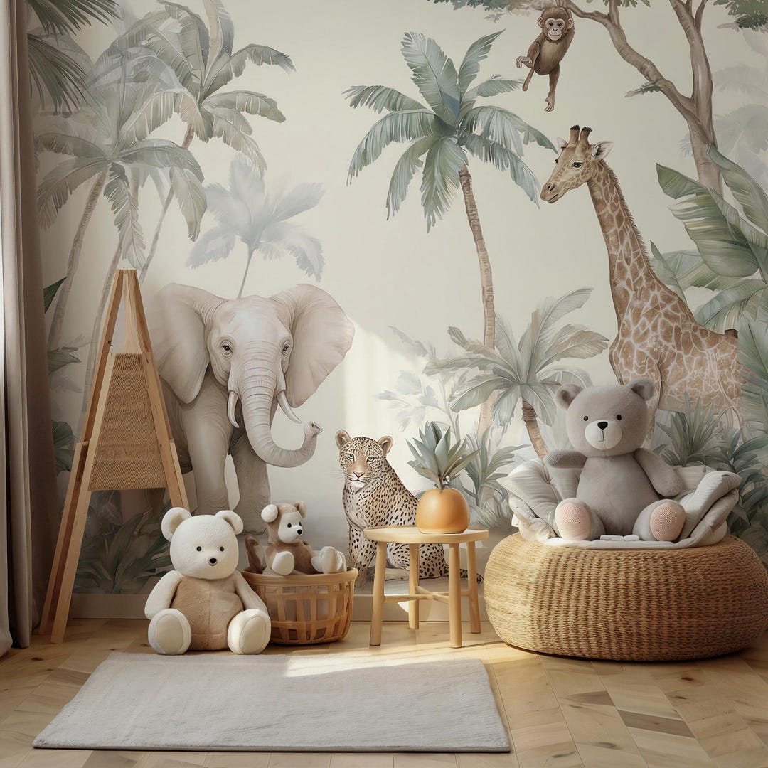 Safari Animals Nursery Wallpaper: Jungle Peel and Stick Wall Mural - Etsy