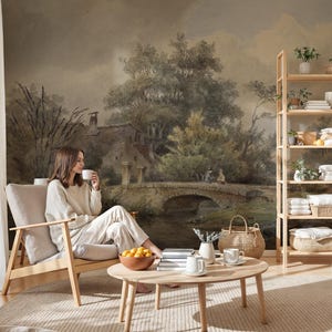 Vintage Countryside Scene Wallpaper Mural: Pastoral Landscape Peel & Stick
