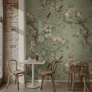 Vintage Chinoiserie Wallpaper with Birds & Floral, Peel and Stick Wallpaper, Vintage Asian Wall Art, Sakura Wallpaper, Botanical Wall Mural