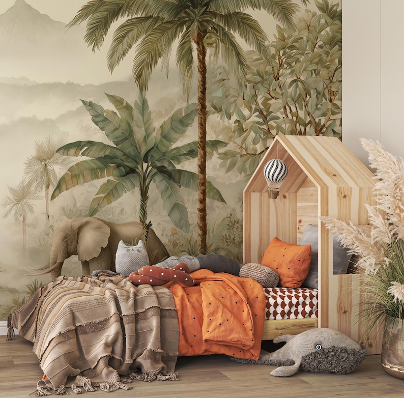 Safari Jungle Wallpaper Mural – Tropical Animals Peel and Stick Wall ...