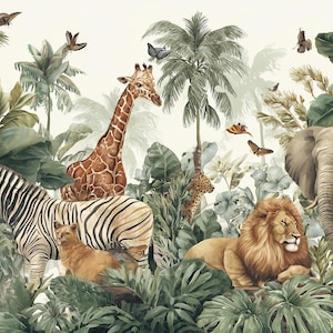 Safari-tapet för barnrum: Djungeldjur, väggmålning, skalbar och självhäftande bild 6