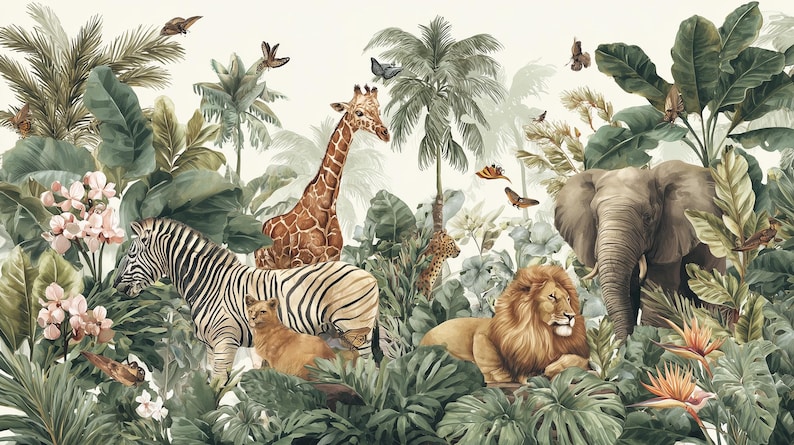 Safari-tapet för barnrum: Djungeldjur, väggmålning, skalbar och självhäftande bild 6