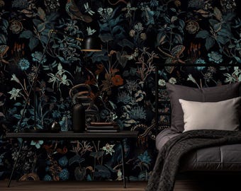 Dark Snake And Birds Wallpaper, Flowers Peel and Stick Wallpaper, Wall Art Wall Mural,Removable Wallpaper, Women and Flowers Wallpaper