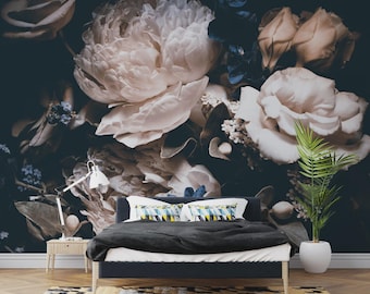 Papel pintado floral de peonía oscura: Mural de pared de rosa grande, autoadhesivo