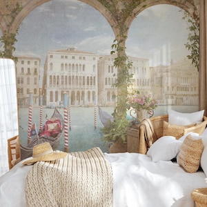 Vintage Landscape Wall Mural, Removable Italian Canal Wallpaper, Peel and Stick Wallpaper
