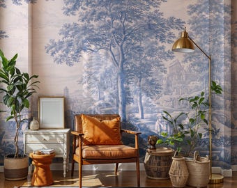 Blue Landscape Wallpaper-Vintage French Landscape Wall Mural-Custom Size Wallpaper