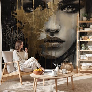 Gold Abstract Face Wallpaper Mural, Modern Portrait Wall Mural, Elegant Female Face Art, Luxury Oversized Art for Living Room, Custom Sized