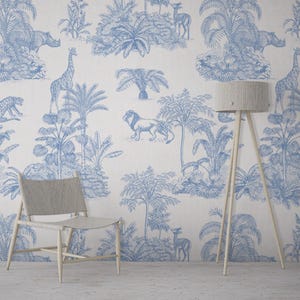Blue Safari Toile Wallpaper: Jungle Animal Wall Mural