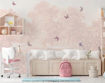 Mural de berçário com borboletas em tons pastéis: papel de parede rosa suave