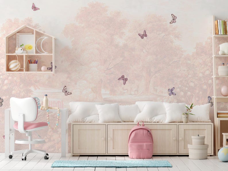 Pastel Butterfly Nursery Mural: Soft Pink Scenic Wallpaper - Etsy