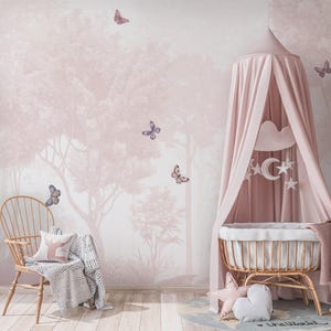 Sanftes Rosa und Pastell Malerische Kinderzimmer Wandbild, Vintage Pastoral Schmetterling Tapete, Romantische Landschaft Wandkunst, Schälen und Stick Wandbild