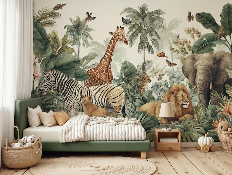 Safari-tapet för barnrum: Djungeldjur, väggmålning, skalbar och självhäftande bild 4