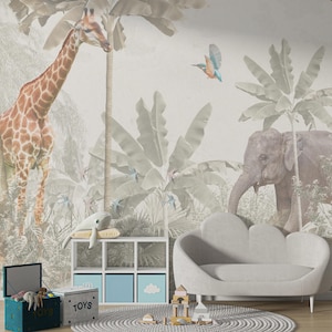 Safari-Tiere für Kinder Wandbild, Schälen und Aufkleben Giraffe Kinderzimmer Tapete, Kinderzimmer-Dschungel-Thema-Tapete, Babyzimmer-entfernbare Tapete