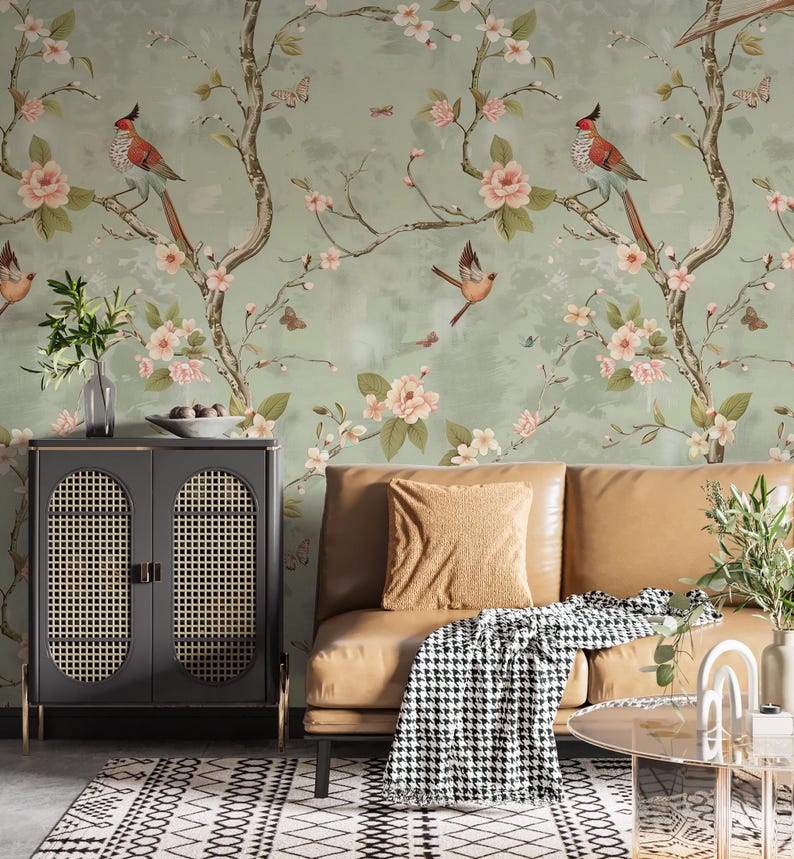 Vintage Chinoiserie Bird Floral Wallpaper: Sage Green Blossom Peel and ...
