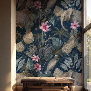 Carta da parati Elephant Jungle, carta da parati floreale esotica su blu navy scuro, decorazione da parete tropicale, carta da parati staccabile e adesiva, boho chic, carta da parati safari