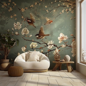 Magnolia Bird Chinoiserie Wallpaper  – Vintage Botanical Green Wall Mural for Bedroom & Living Room – Custom Size Peel and Stick Wallpaper
