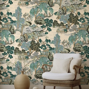 Vintage Japanese Landscape Wallpaper, Asian Scenic Peel and Stick Wall Mural with Pagodas, Trees & Water for Timeless Decor, Panoramic Wall