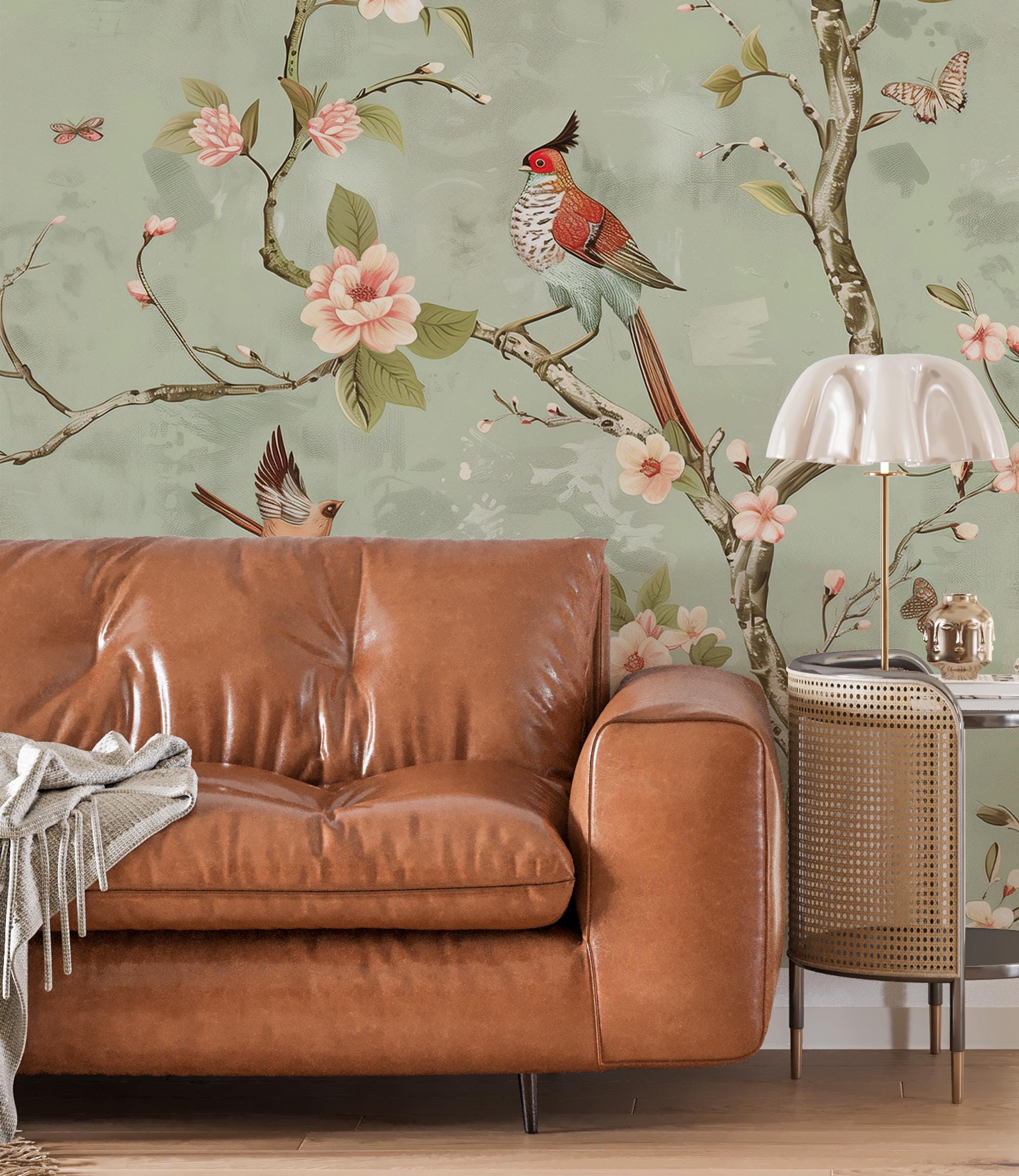 Vintage Chinoiserie Bird Floral Wallpaper: Sage Green Blossom Peel and ...