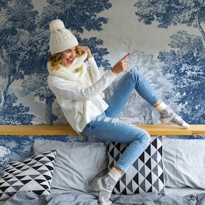 Blue Toile de Jouy Wallpaper Mural: Vintage Pastoral Scene, Custom Size, Peel & Stick