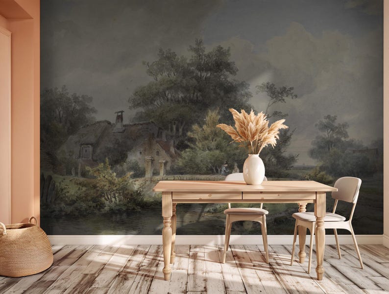 Vintage Countryside Scene Wallpaper Mural: Pastoral Landscape Peel ...