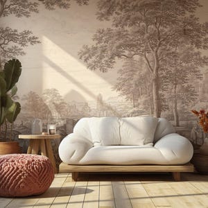 Vintage Countryside Landscape Wallpaper, Classical Bridge & Trees Peel and Stick Mural