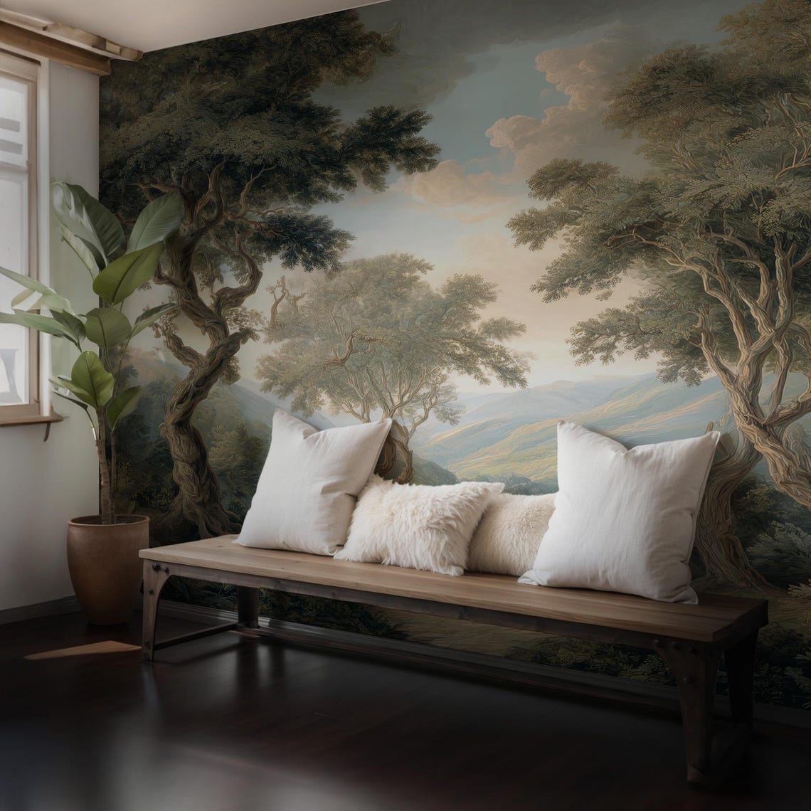Nature Landscape Peel and Stick Wallpaper, Vintage Forest Scenic Wall ...