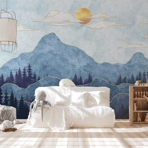 Blue Mountain Forest Mural Wallpaper: Serene Landscape, Peel and Stick