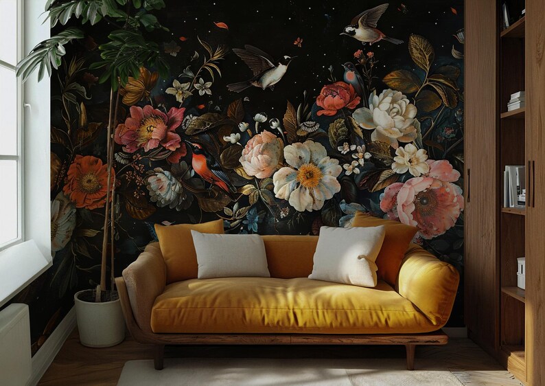 Dark Floral Peony Wallpaper Mural: Botanical Peel and Stick - Etsy