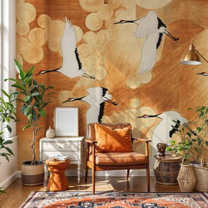 Mural de papel pintado de grulla japonesa: elegante arte de líneas doradas, decoración asiática