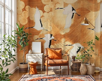 Japanese Crane Wallpaper Mural: Elegant Gold Line Art, Asian Decor