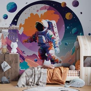 Carta da parati spaziale con astronauti, arte murale futuristica della galassia, carta da parati spaziale per bambini, carta da parati con astronauti cosmici, carta da parati con universo fantascientifico