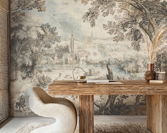 Antique European Landscape Wallpaper Mural, Historic Countryside Peel and Stick Wall Art